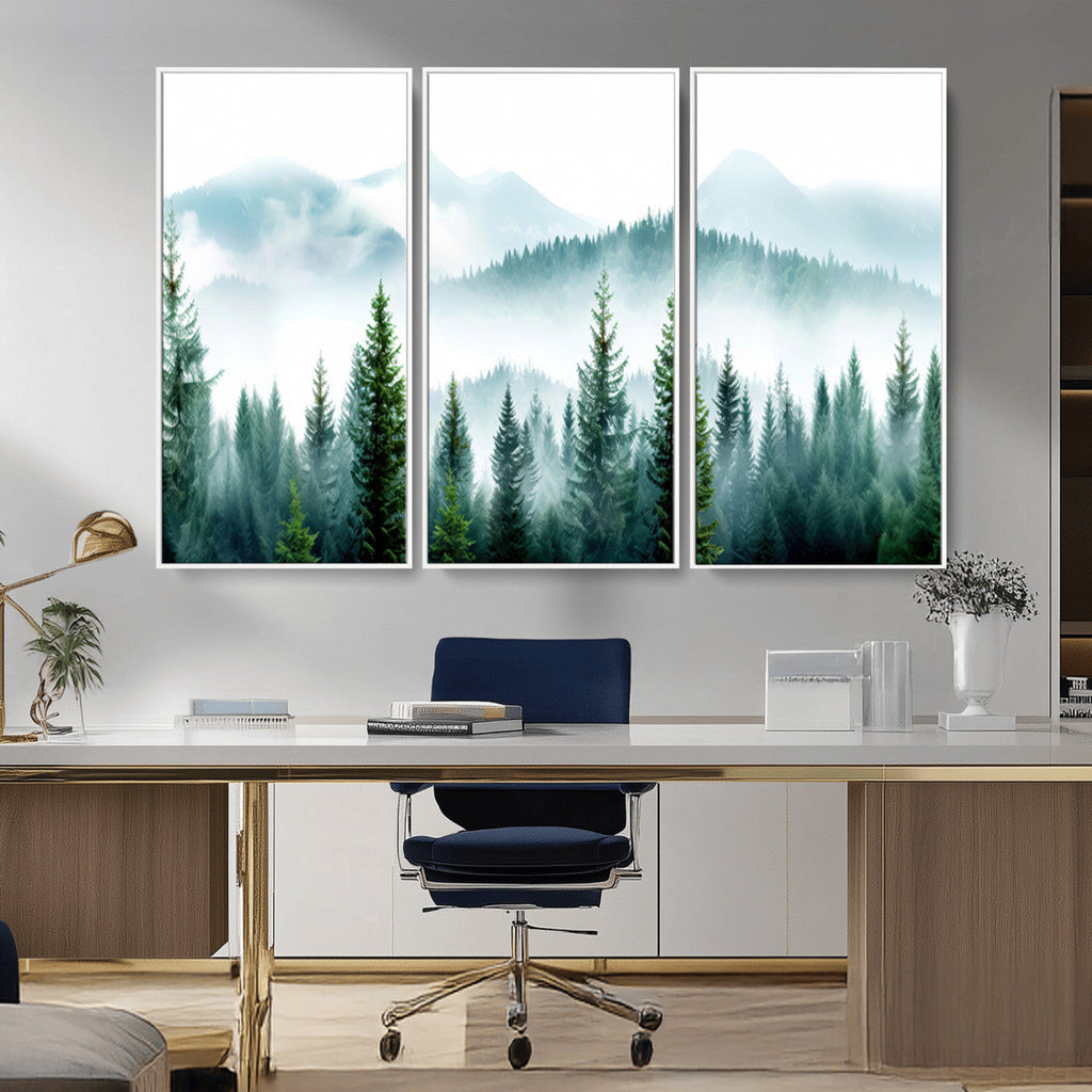 Misty Pine Forest Wall Art, Foggy Mountain Landscape Canvas