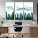 Misty Pine Forest Wall Art, Foggy Mountain Landscape Canvas