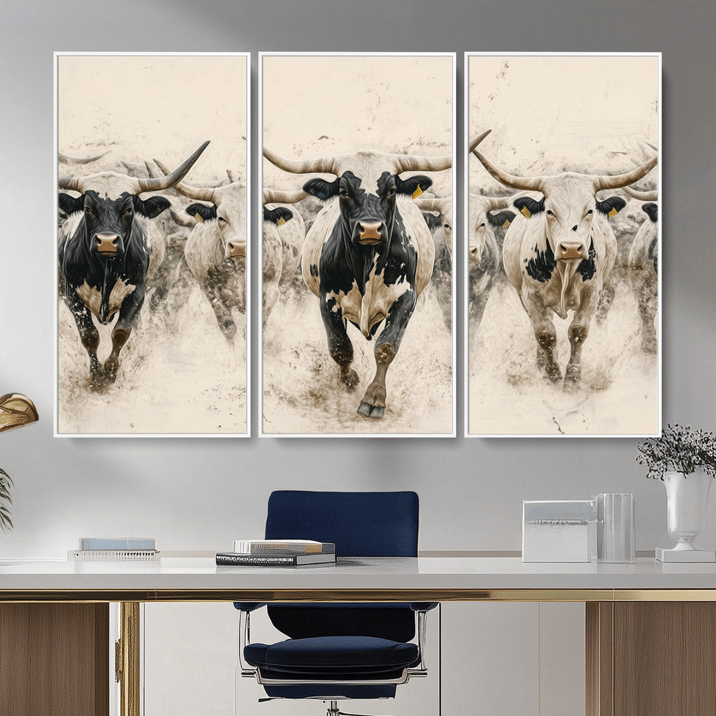 Texas Longhorn Wall Art | Framed Cattle Walking Canvas