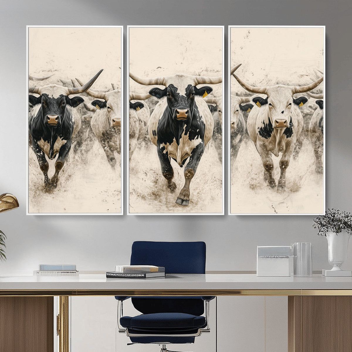 Texas Longhorn Wall Art | Framed Cattle Walking Canvas