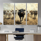 Texas Longhorn Wall Art | Framed Charging Cattle Canvas