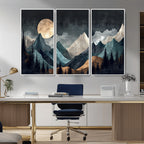 Moonlit Mountain Wall Art Canvas Print, Framed Silhouetted Pines Art, Layered Peaks Rustic Decor