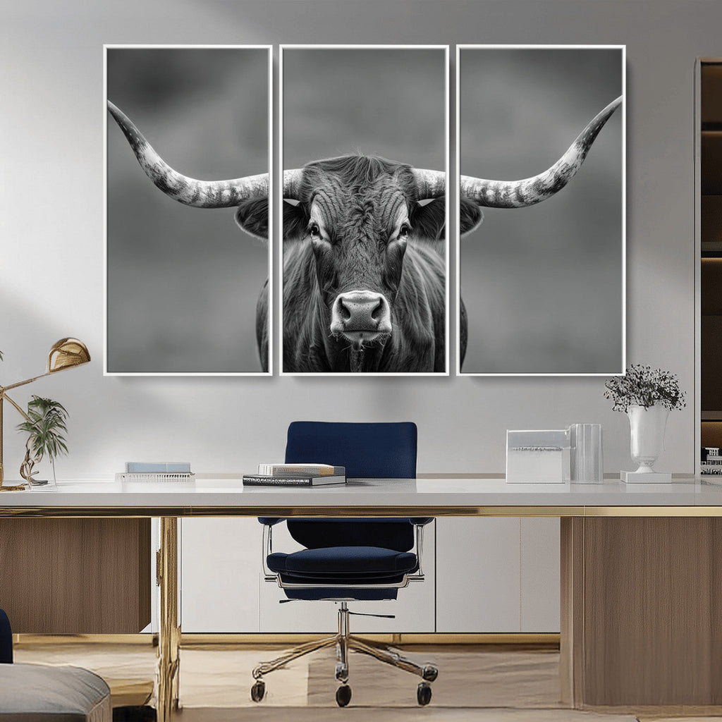Texas Longhorn Wall Art Canvas Print, Framed Western Bull Photography, Rustic Log Cabin Decor