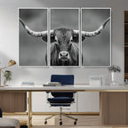 Texas Longhorn Wall Art Canvas Print, Framed Western Bull Photography, Rustic Log Cabin Decor