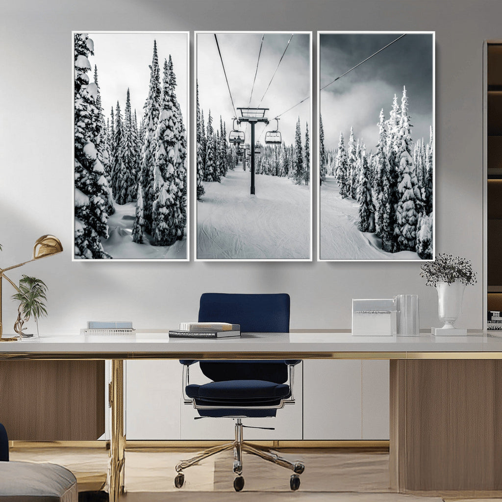 Snowy Pines Wall Art Canvas Print | Ski Lift in a Winter Forest