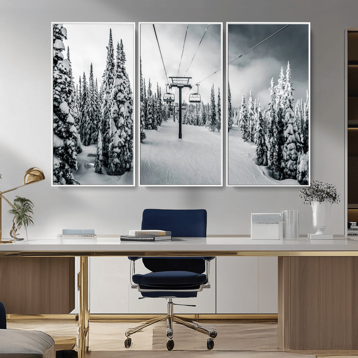 Snowy Pines Wall Art Canvas Print | Ski Lift in a Winter Forest