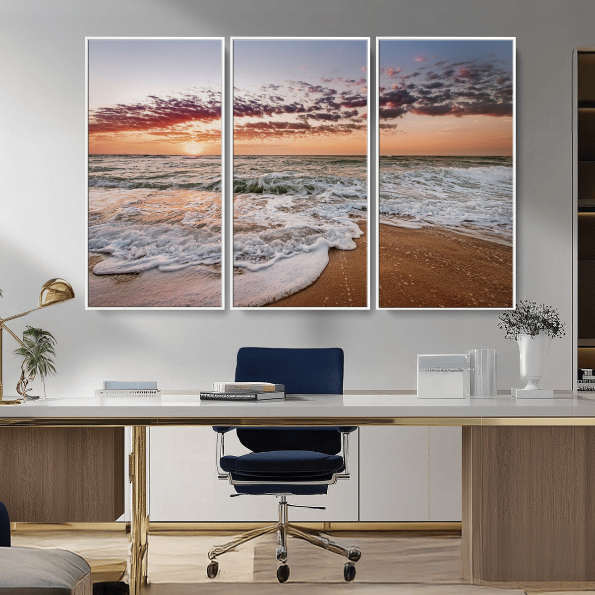 Ocean Sunset Wall Art Canvas Print | Sandy Shore and Gentle Waves