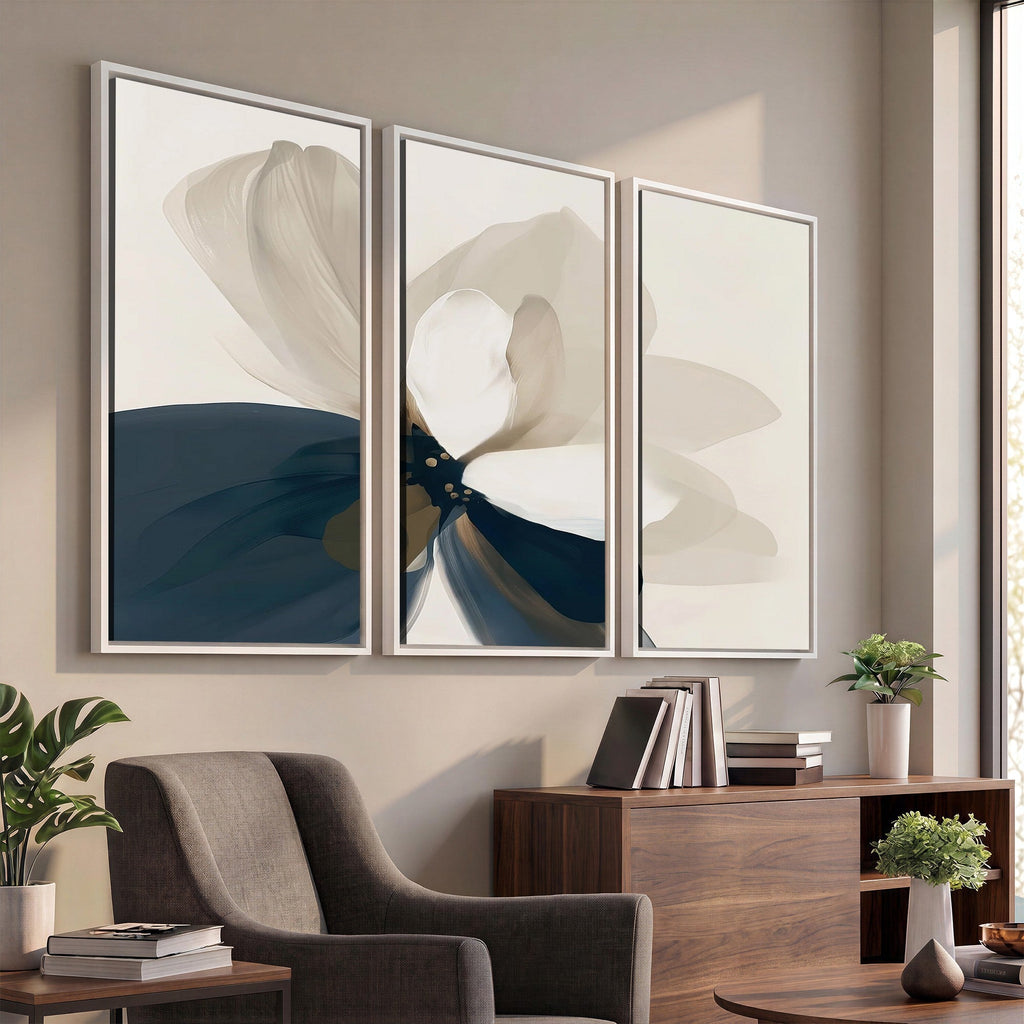 Minimal Flower Wall Art Canvas Print | Framed Beige and Navy Bloom