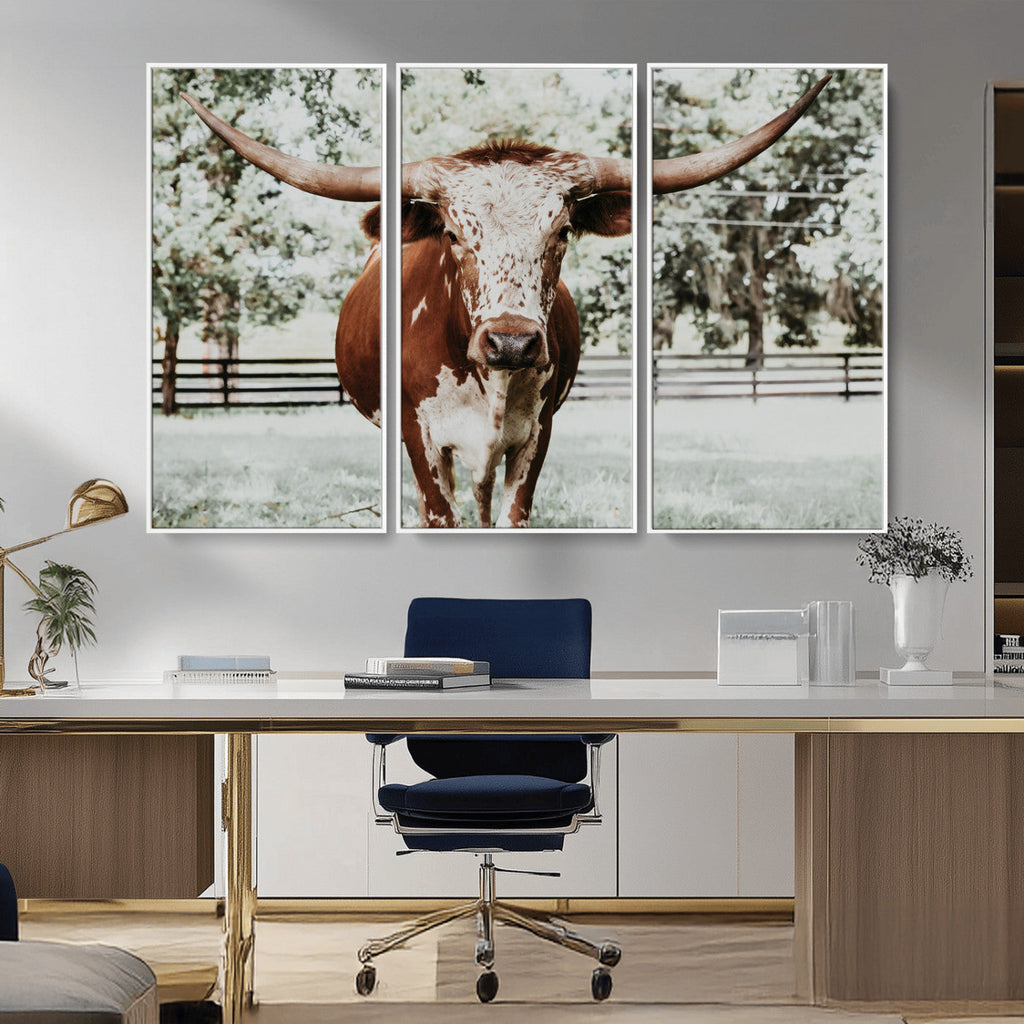 Texas Longhorn Wall Art Canvas Print | Framed Spotted Brown and White Bull