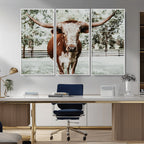 Texas Longhorn Wall Art Canvas Print | Framed Spotted Brown and White Bull