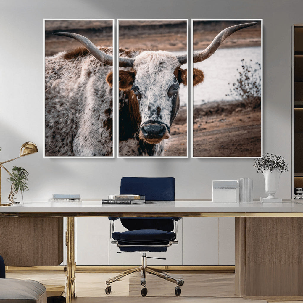 Texas Longhorn Wall Art Canvas Print | Framed Brown and White Spotted Longhorn