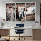 Texas Longhorn Wall Art Canvas Print | Framed Brown and White Spotted Longhorn