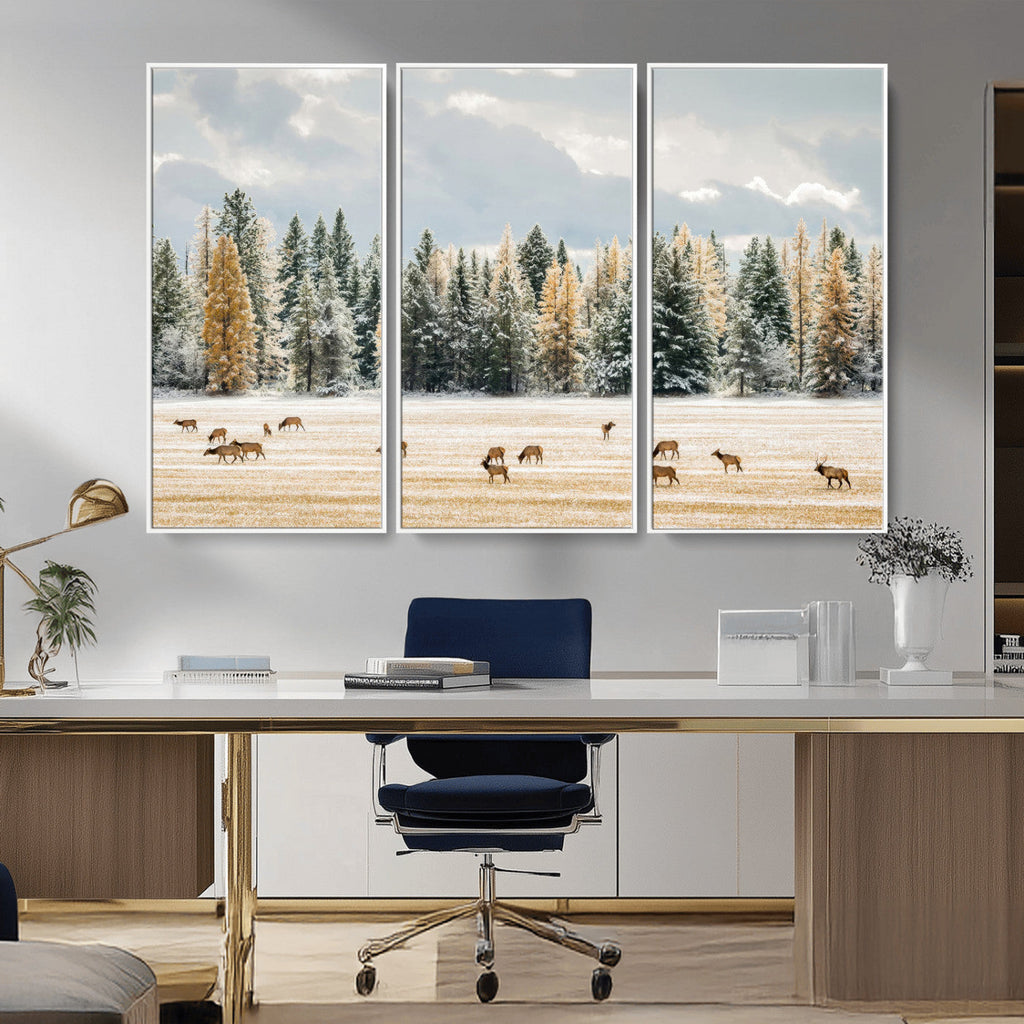 Elk Herd Wall Art, Framed Snowy Forest Canvas Artwork