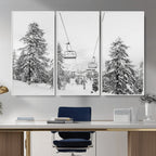 Snowy Ski Lift Wall Art | Framed Winter Forest Canvas