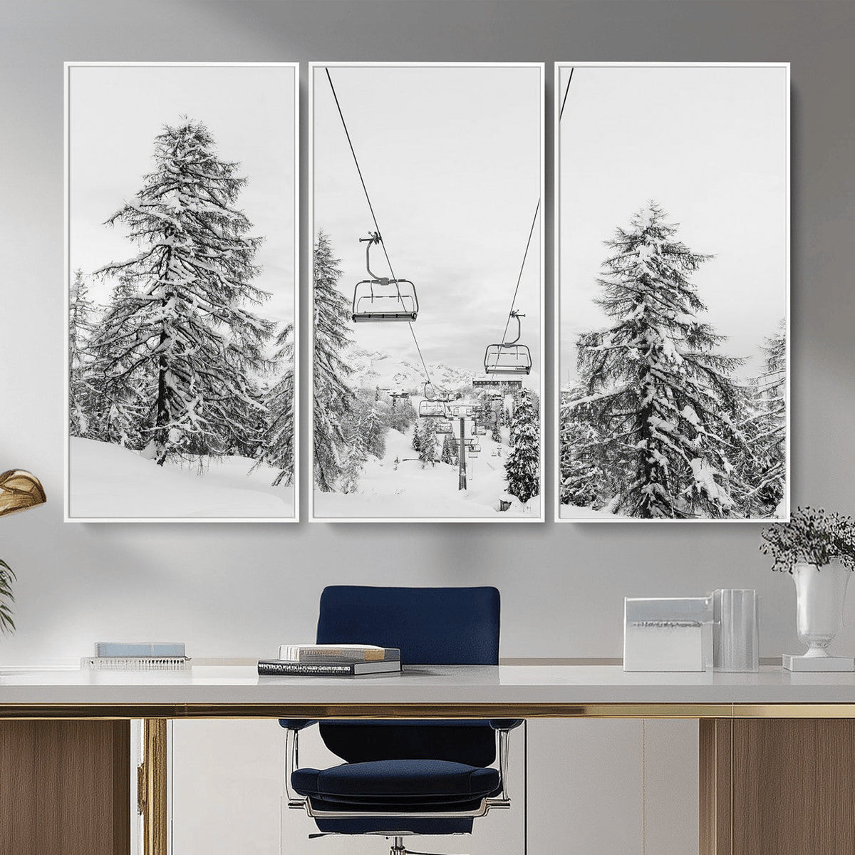 Ski Lift Wall Art | Framed Snowy Mountain Canvas Artwork