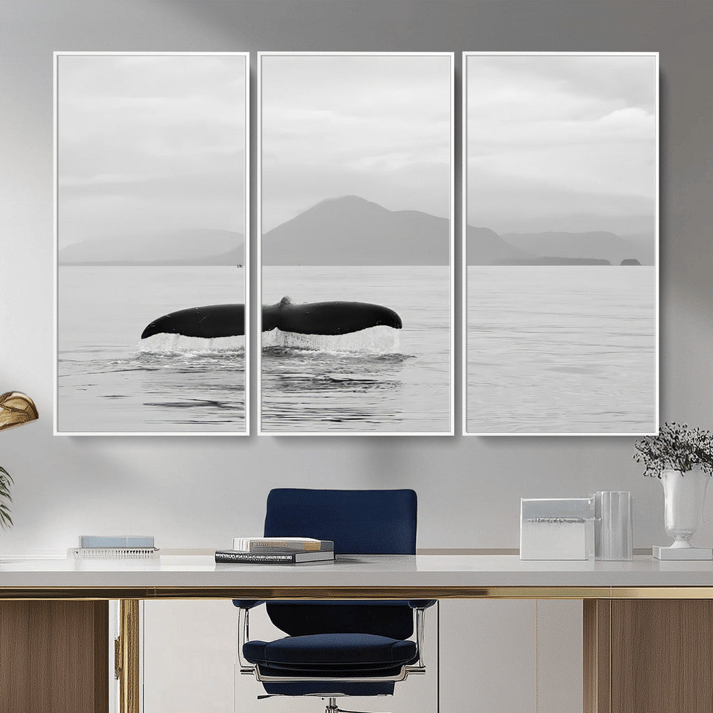 Whale Tail Wall Art | Framed Black White Ocean Canvas