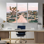 Joshua Tree Wall Art Canvas Print, Framed Desert Road Scene at Sunset