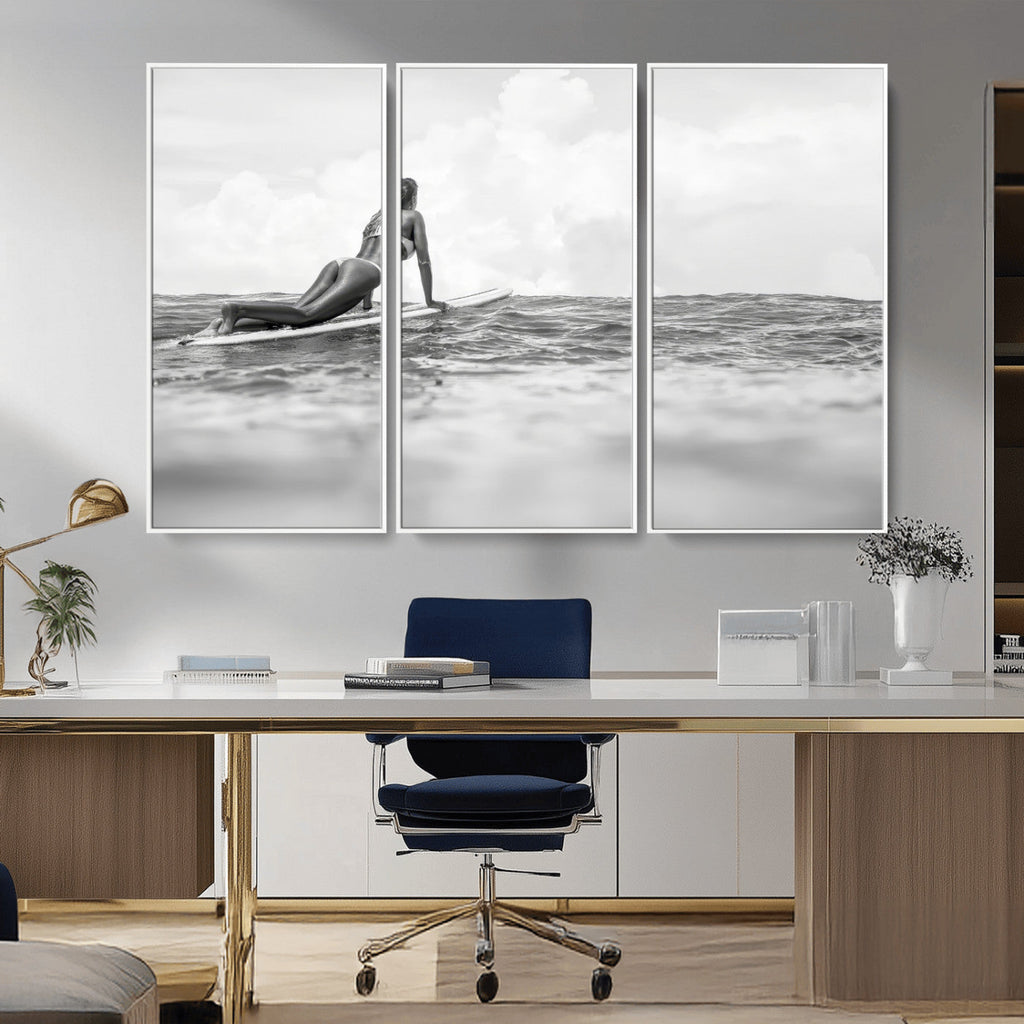 Black and White Surfing Wall Art Canvas Print, Framed Ocean Horizon Surfer Girl