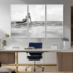 Black and White Surfing Wall Art Canvas Print, Framed Ocean Horizon Surfer Girl