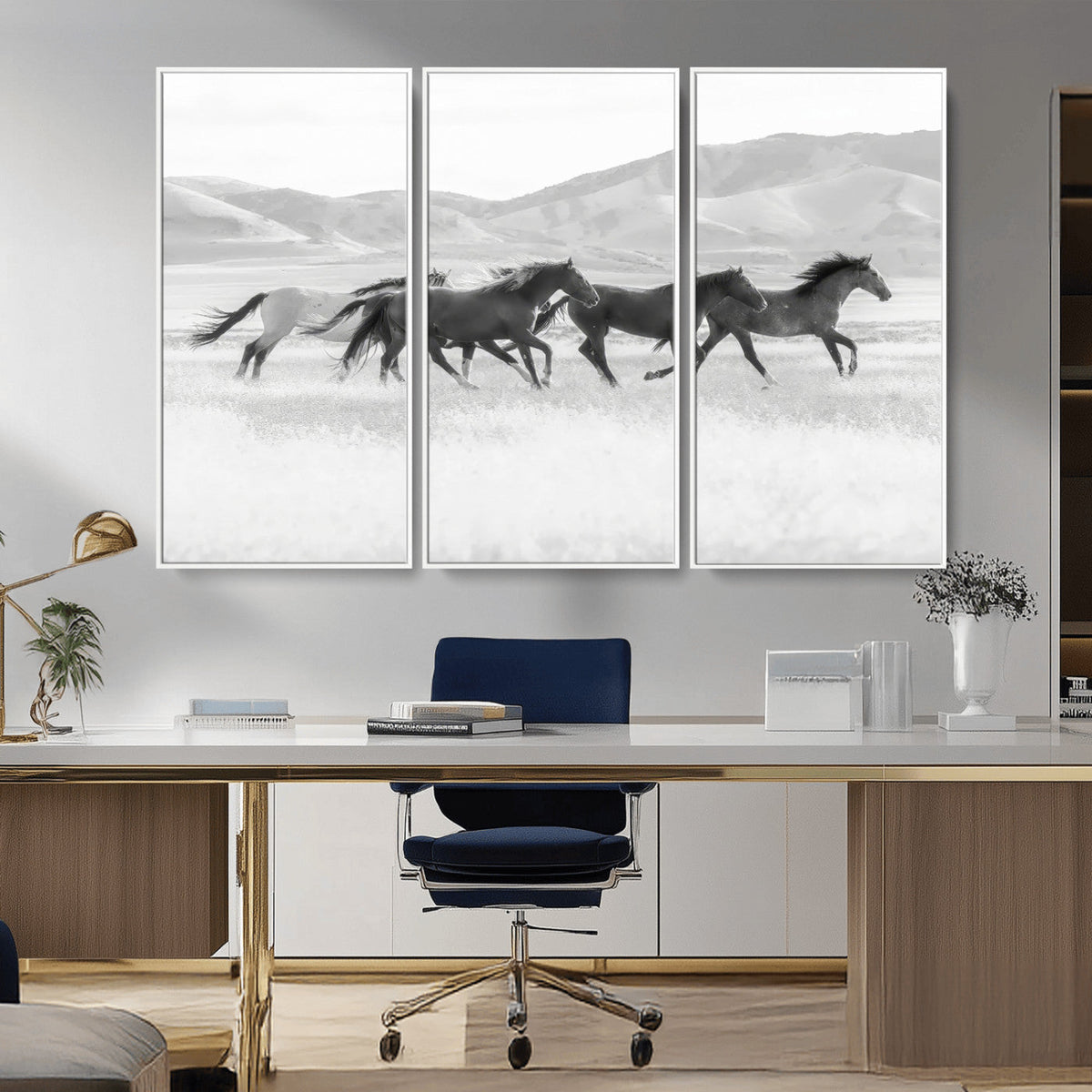 Wild Horses Running Wall Art Canvas Print, Framed Black White Mustangs Artwork