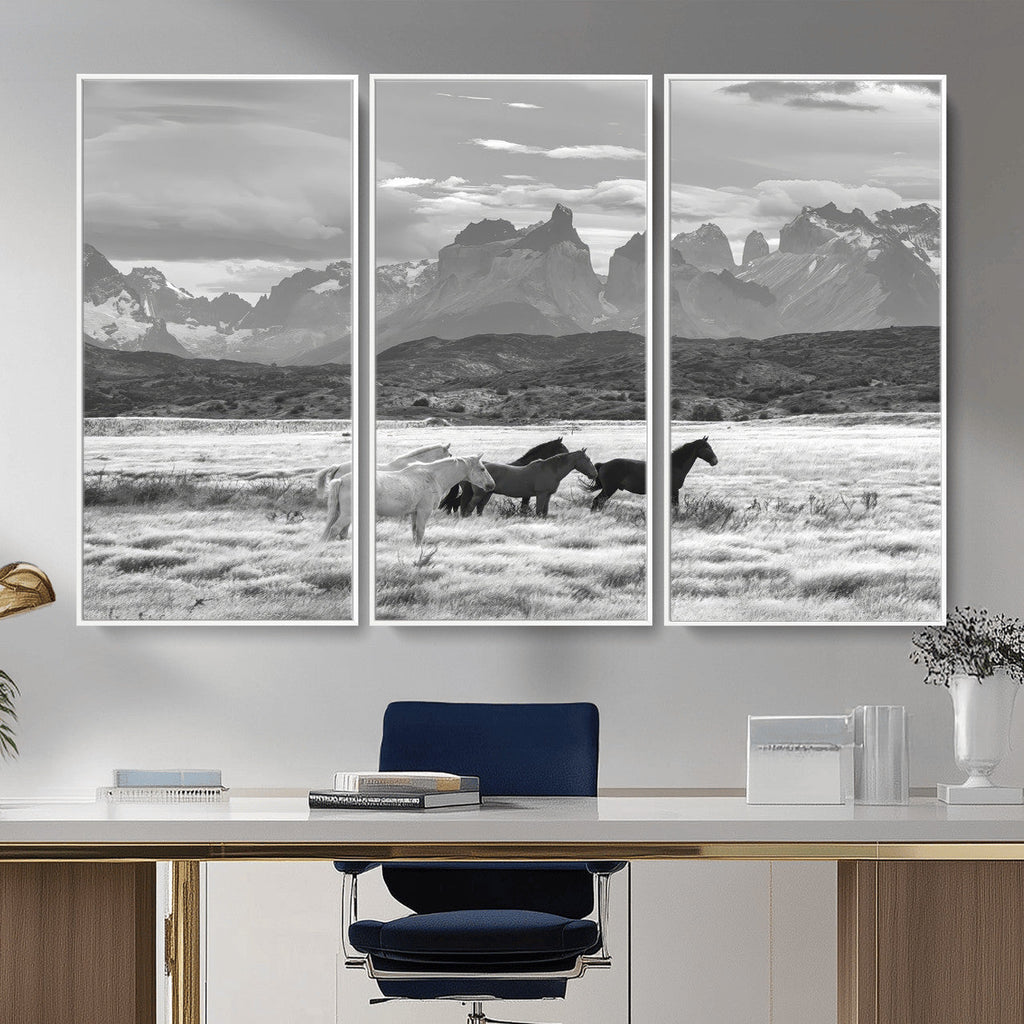 Wild Horses Wall Art | Framed Black White Mountain Canvas