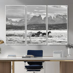Wild Horses Wall Art | Framed Black White Mountain Canvas