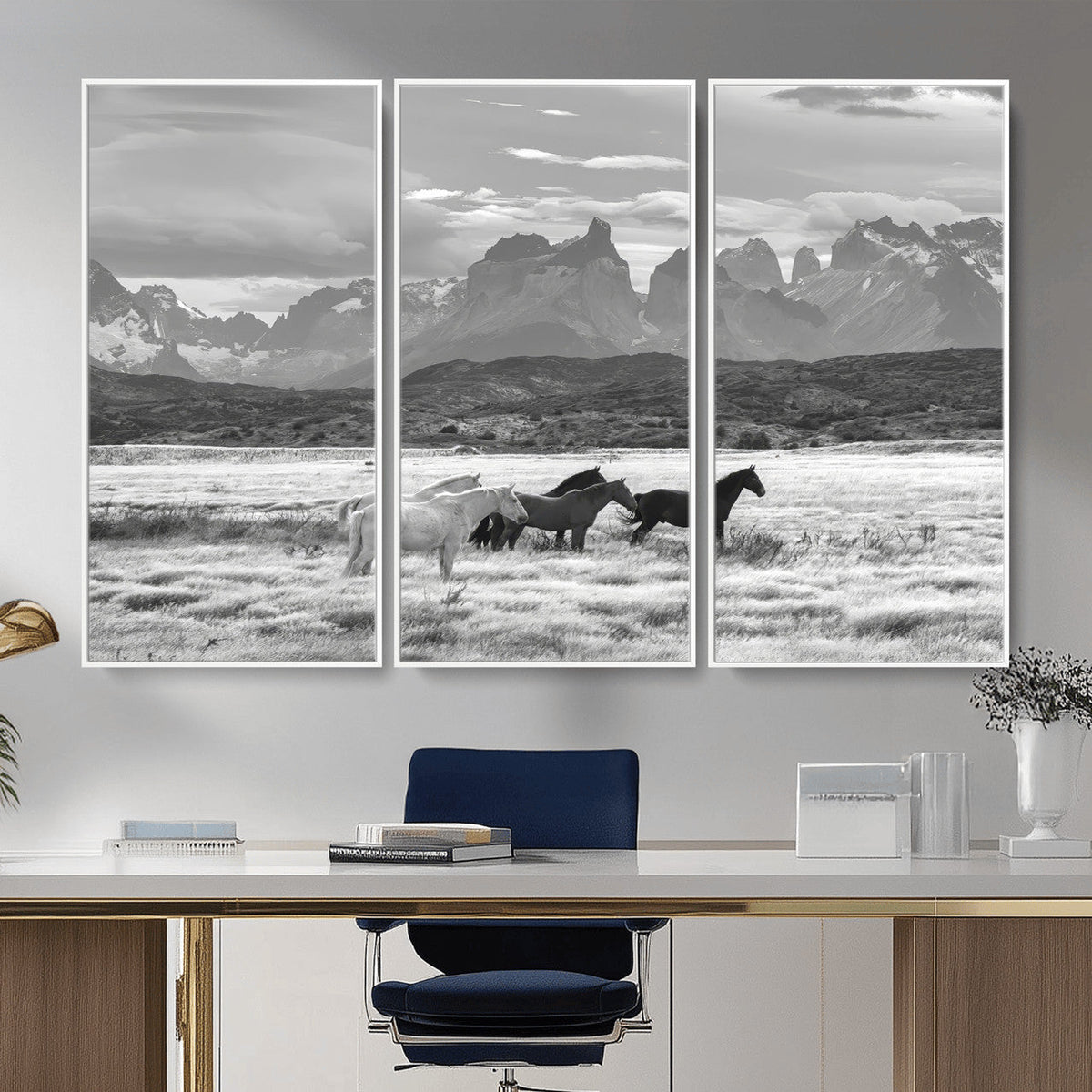 Wild Horses Wall Art | Framed Black White Mountain Canvas