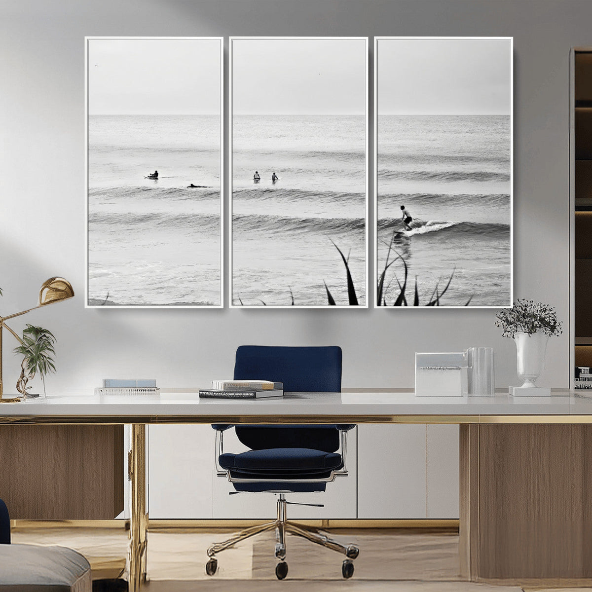 Surfer Silhouette Wall Art | Framed Calm Ocean Canvas