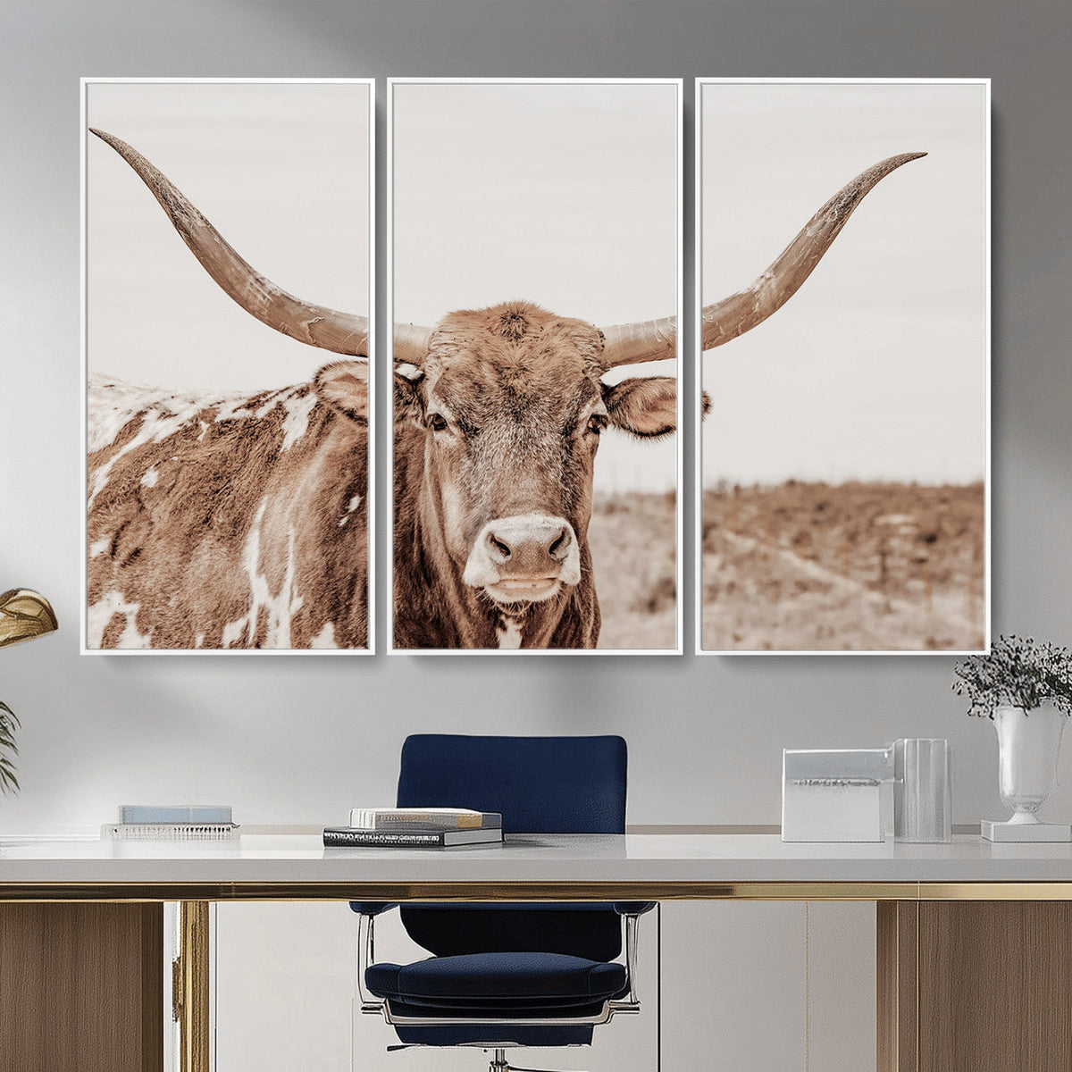 Longhorn Cow Wall Art Canvas Print, Framed Texas Ranch Print, Western Bull Art, Cowboy Decor