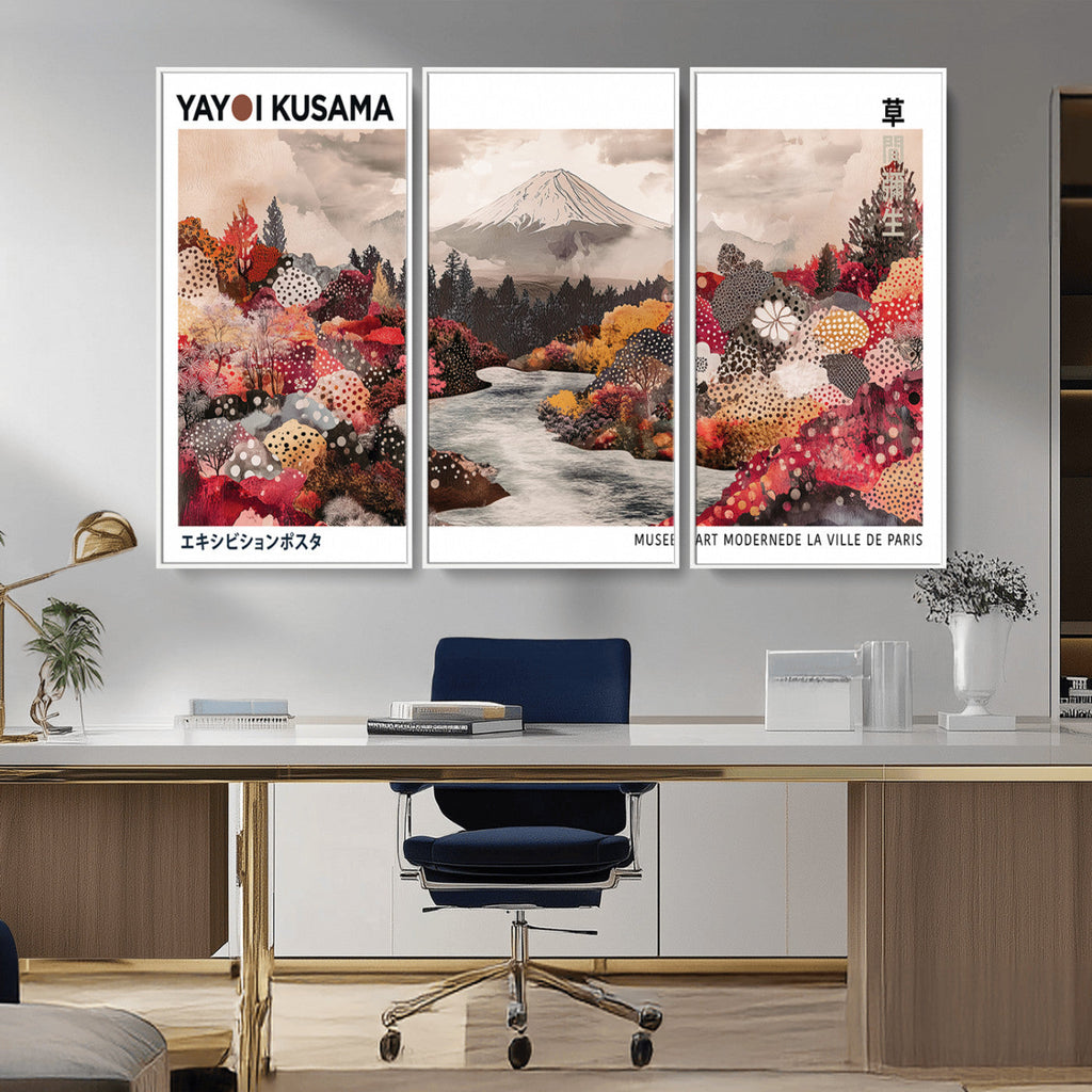 Modern Japanese Wall Art Canvas Print, Framed Abstract Mount Fuji Art, Yayoi Kusama Japanese Landscape