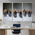 Bison Herd Wall Art Canvas Print, Framed Rustic Wildlife Decor, Snowy Bison Landscape