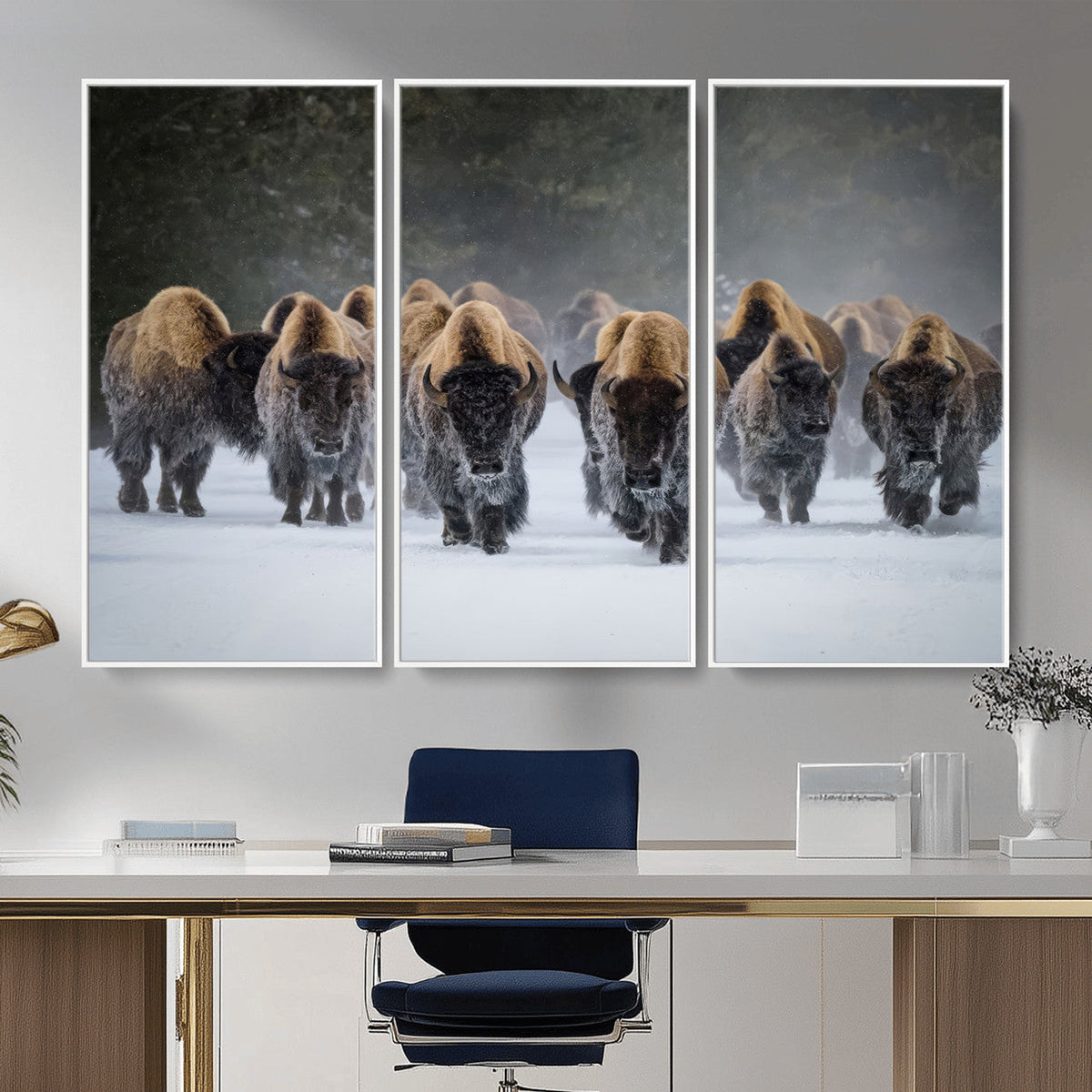 Bison Herd Wall Art Canvas Print, Framed Rustic Wildlife Decor, Snowy Bison Landscape