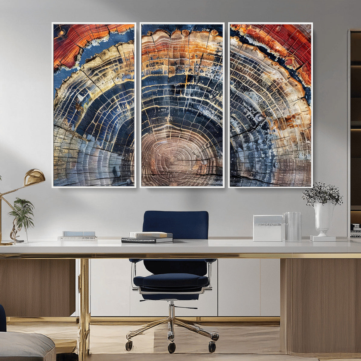 Tree Rings Wall Art Canvas Print, Framed Petrified Wood Modern Rustic