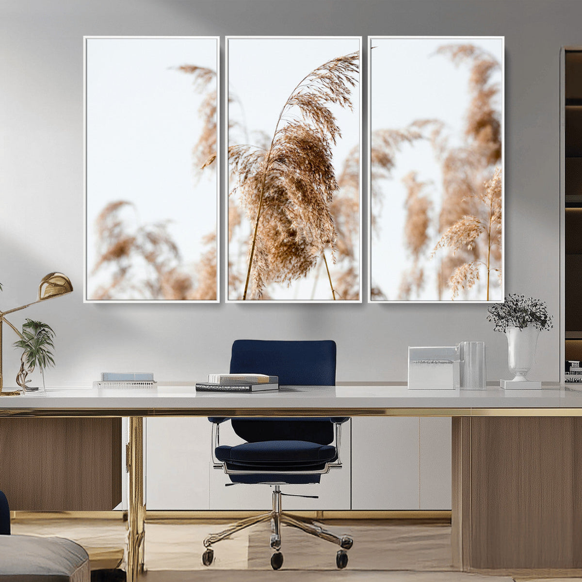 Pampas Grass Wall Art Canvas Print, Framed Neutral Tones Minimalist Boho