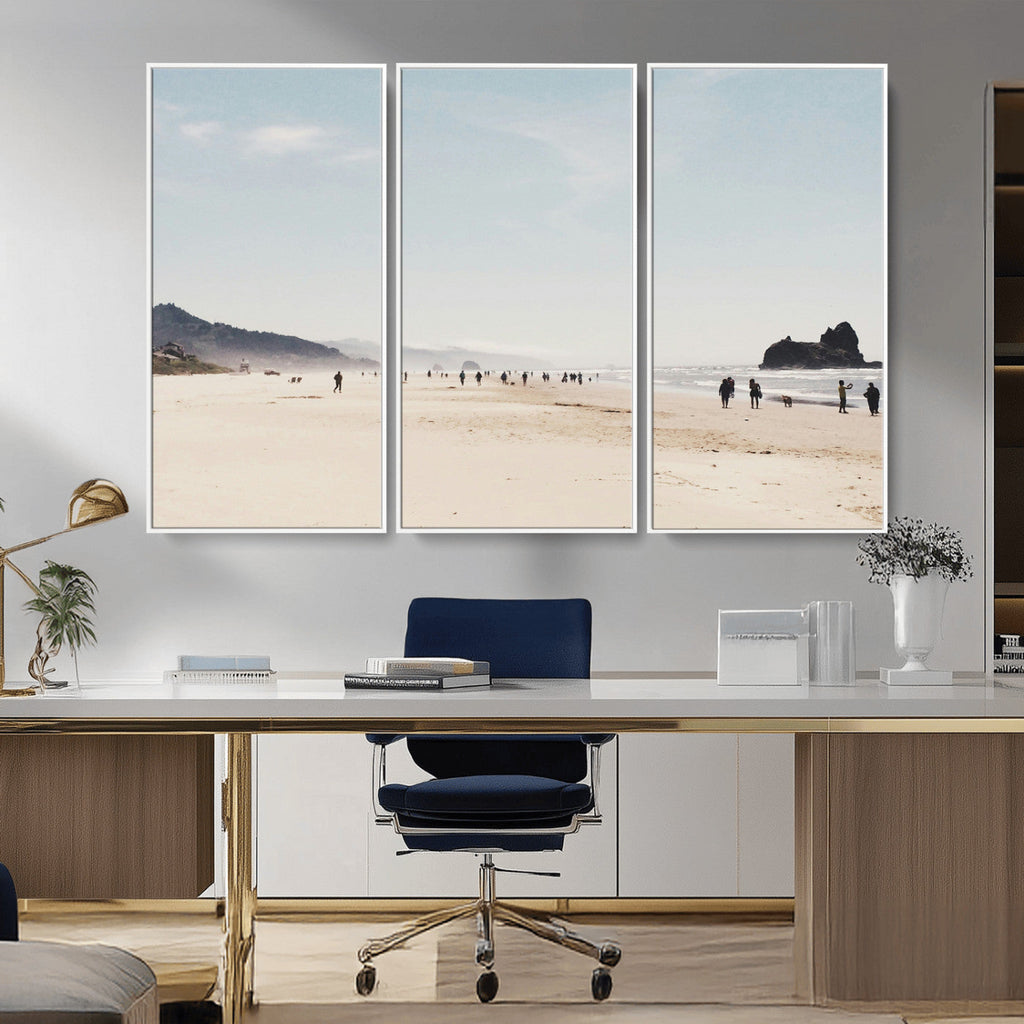 Minimalist Beach Wall Art Canvas Print, Framed Coastal Serenity Soft Sand