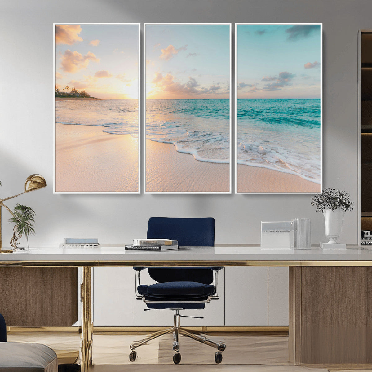Beach Sunset Wall Art Canvas Print, Framed Ocean Waves Summer Escape