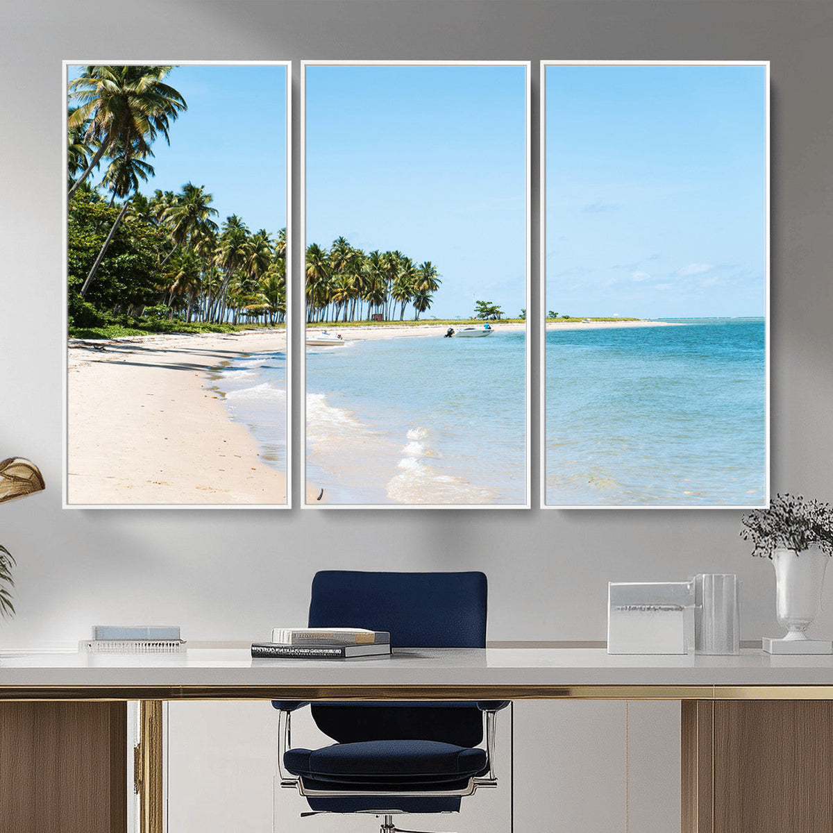 Palm Tree Coast Wall Art Canvas Print, Framed Island Getaway with Crystal Blue Water