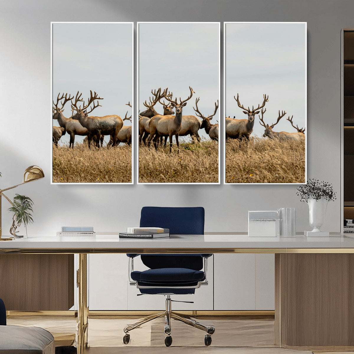 Elk Herd Wall Art Canvas Print, Framed Wildlife Photography Art, Majestic Antlers Rustic Wildlife Decor