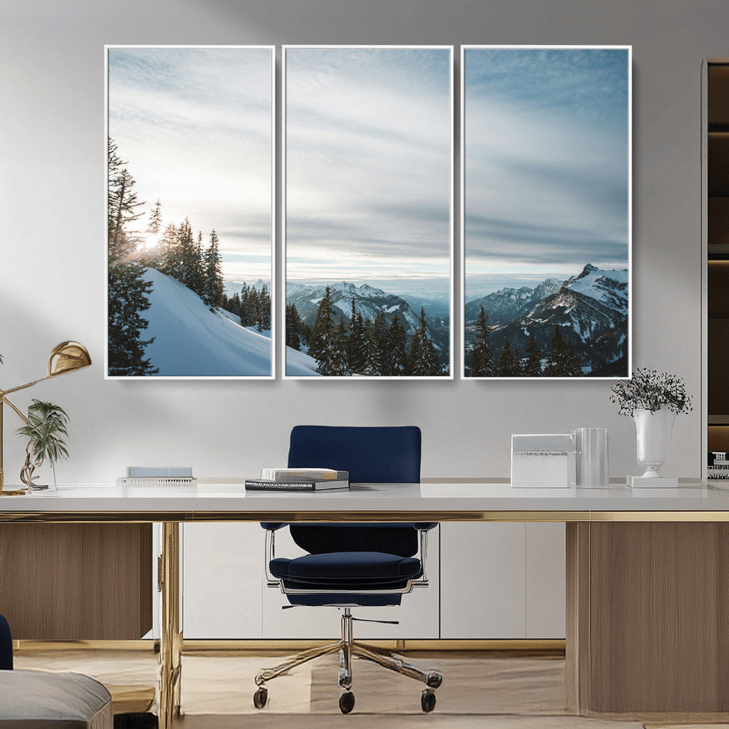 Snowy Mountains Wall Art Canvas Print, Framed Alpine Landscape Frosty Peaks Artwork