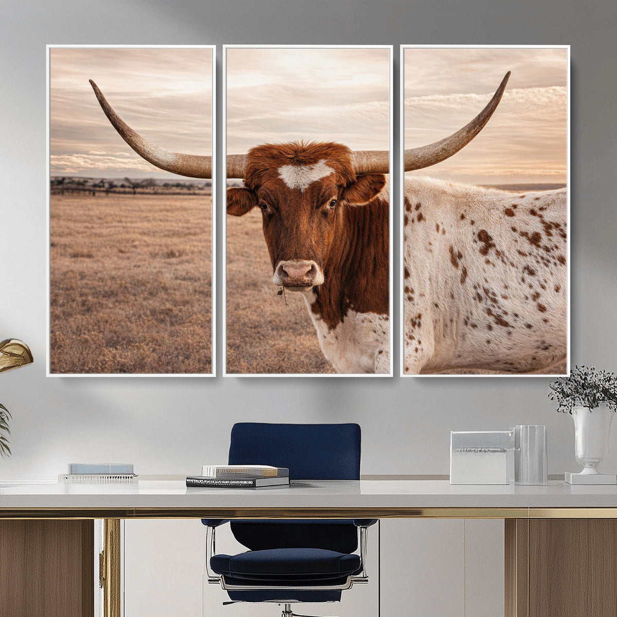 Texas Longhorn Cow Canvas Wall Art, Majestic Bull on a Rustic Western Farm