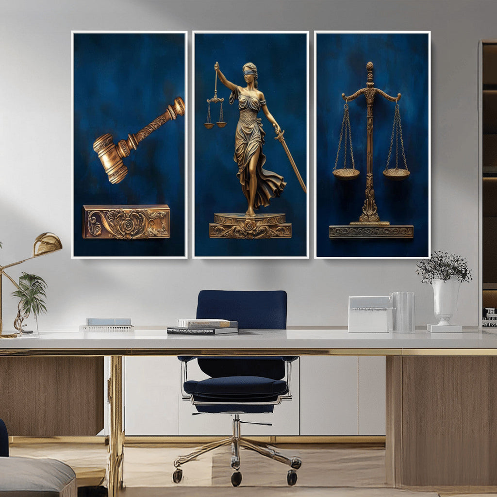 Lady Justice Wall Art Canvas Print, Elegant Gold Legal Symbols on Blue, Law Office Decor
