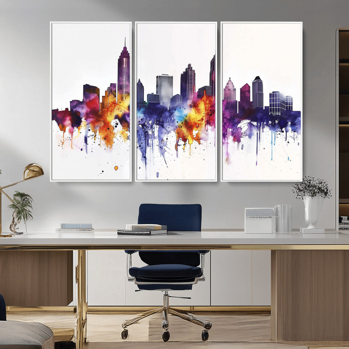 Atlanta Skyline Wall Art Canvas Print, Framed Colorful Watercolor Cityscape
