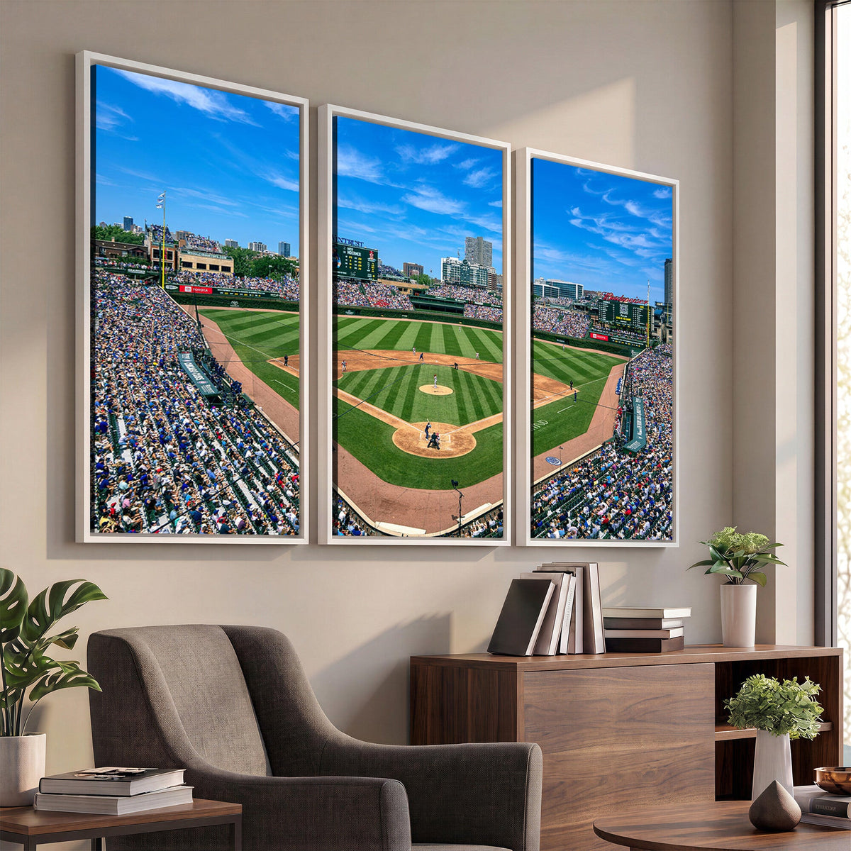 Wrigley Field Baseball Stadium Canvas Wall Art, Packed Crowd and Chicago Skyline