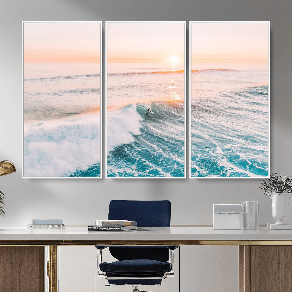 Sunset Surfing Wall Art Canvas Print, Ocean Wave Surfer with Golden Sky
