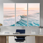 Sunset Surfing Wall Art Canvas Print, Ocean Wave Surfer with Golden Sky