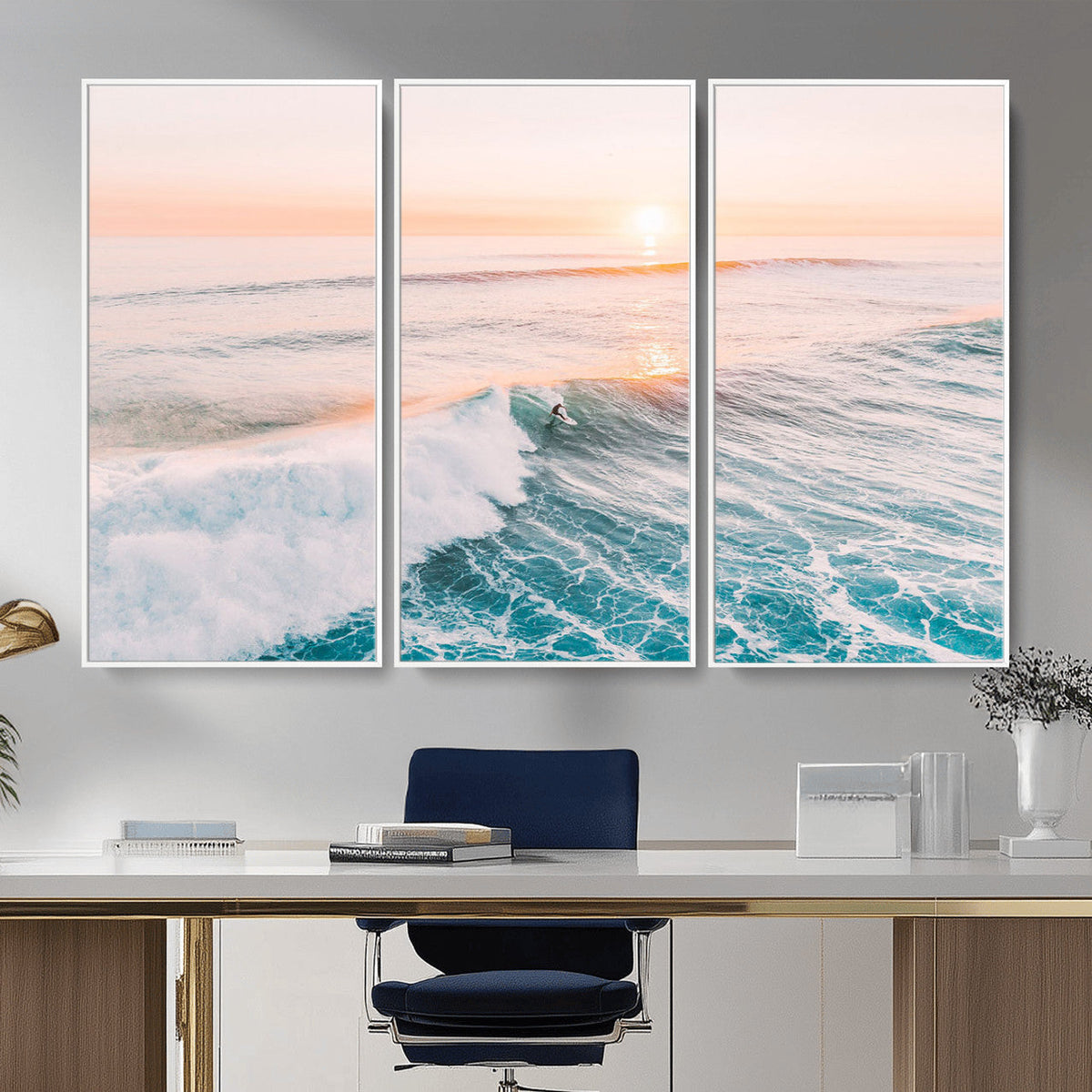 Sunset Surfing Wall Art Canvas Print, Ocean Wave Surfer with Golden Sky