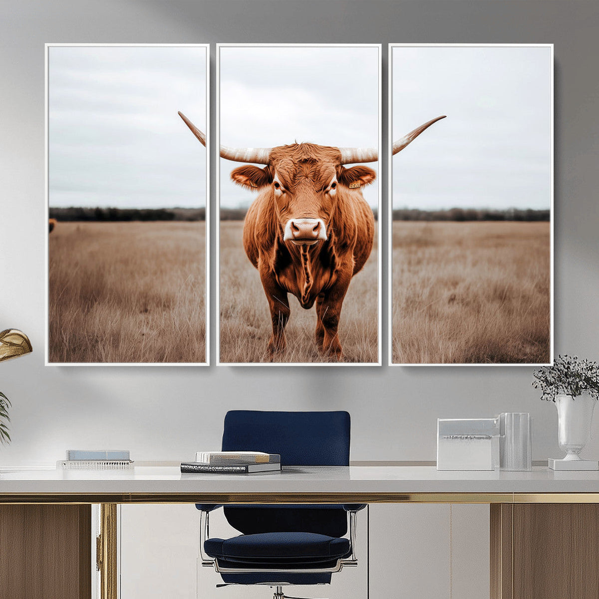 Longhorn Bull Wall Art Canvas Print, Framed Rustic Decor
