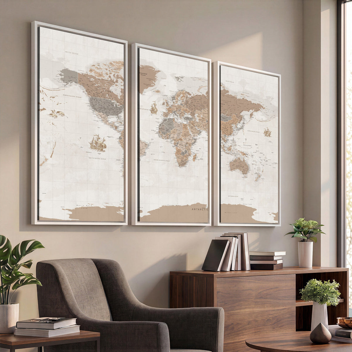 Framed Large World Map Canvas Print for Office Decor