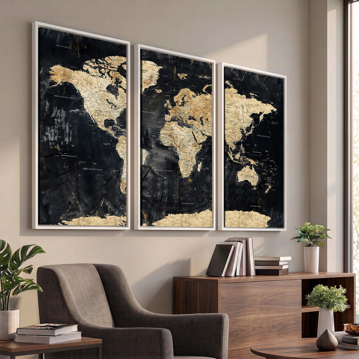 Framed Large World Map Wall Art Canvas Print for Living Room