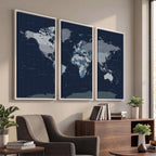 Blue Detailed World Map Wall Art Canvas Print | Modern Framed Map